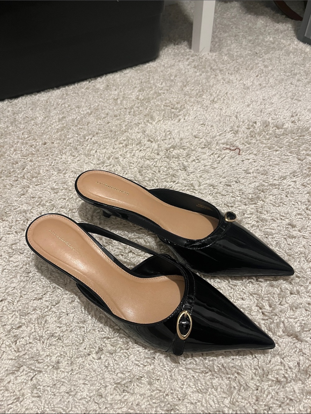 Anthropologie Black Patent Pointed-Toe Slingback Mules with Gold Buckle - Picture 2 of 11